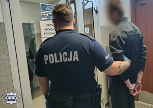 Widziani z tyłu policjant przytrzymujący zatrzymanego mężczyznę przed drzwiami w korytarzu jednostki policji