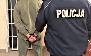 Zbliżenie widzianych od tyłu na tle kraty aresztu mężczyzny ze skutymi rękami oraz przytrzymującego go policjanta
