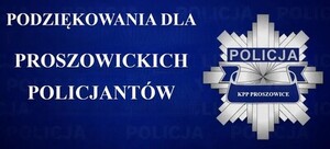 Logo policji na granatowym tle obok napis podziękowania dla proszowickich policjantów