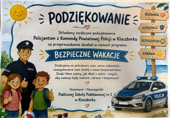 Podziękowanie w formie rysunkowej z dwójką dzieci i policjantem na tle radiowozu z napisem podziekowania