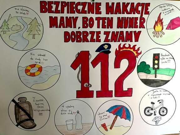 Rysunek dziecięcy z tekstem bezpieczne wakacje mamy bo ten numer dobrze znamy 112