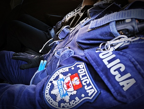 Zbliżenie torsów policjantów siedzących w radiowozie
