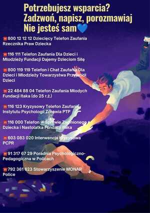 plakat koloru fioletowego, przedstawiający mężczyznę trzymającego za rękę drugiego mężczyzny z napisem "Potrzebujesz wsparcia? Zadzwoń, napisz, porozmawiaj Nie jesteś sam"