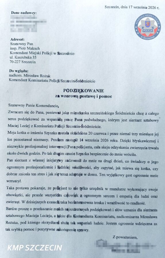 Zdjęcie zanimizowanego arkusza papieru zapisanego pismem maszynowym z nagłówkiem podziękowania