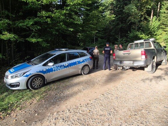 Na leśnym rozdrożu radiowóz, samochód terenowy straży leśnej oraz policjanci i strażnicy leśni