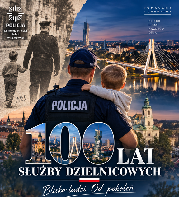 Grafika pokazująca na tle starówki oraz nowoczesnego centrum policjantów i napis 100 lat służby dzielnicowych