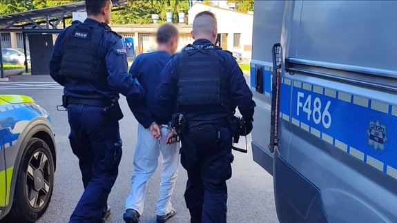 Widziani z tyłu dwaj policjanci pomiędzy dwoma radiowozami doprowadzający mężczyznę ze skutymi z tyłu rękami do radiowozu