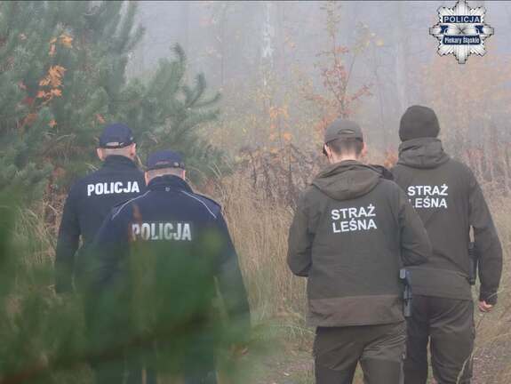 Zdjęcie przedstawiające dwóch policjantów oraz dwóch strażników leśnych podczas patrolu w lesie.